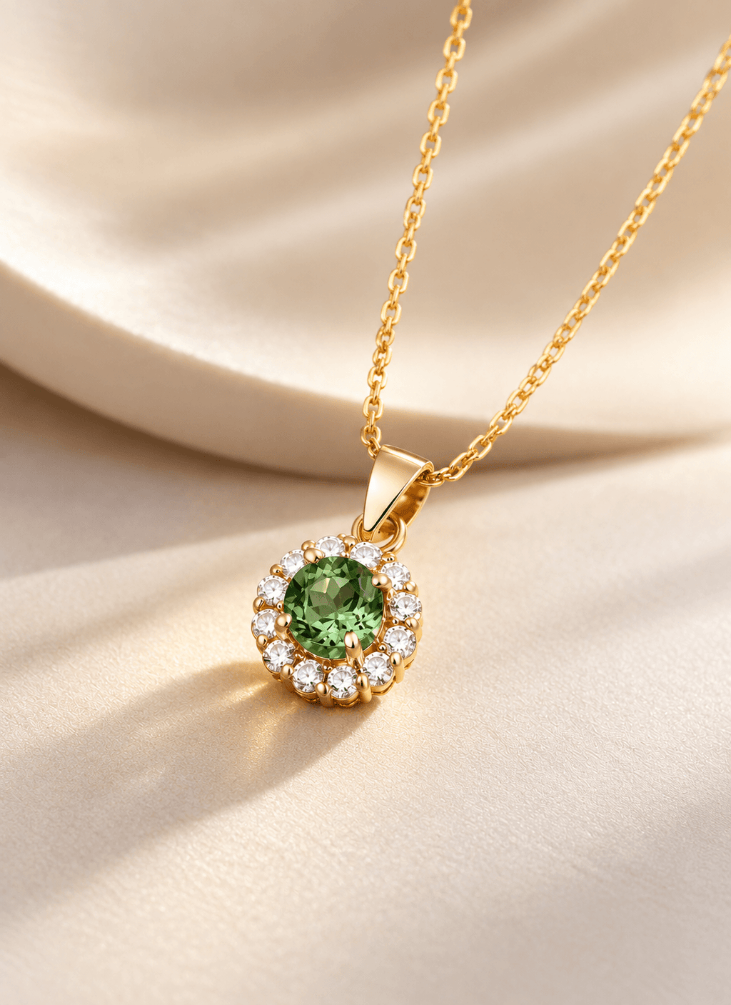 Natural Green Tourmaline Halo Pendant Necklace in 14K Yellow Gold - AME Jewellery