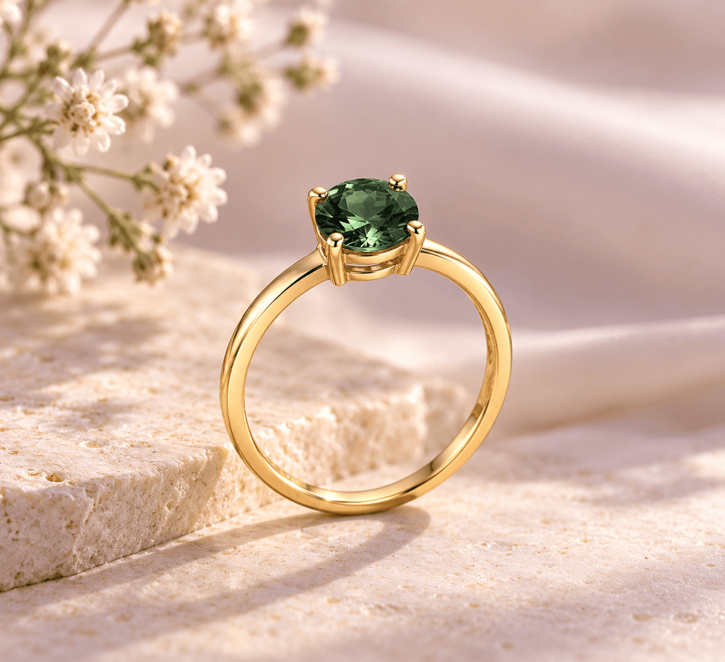 Natural Green Tourmaline Ring in 14K Yellow Gold by AME Jewellery