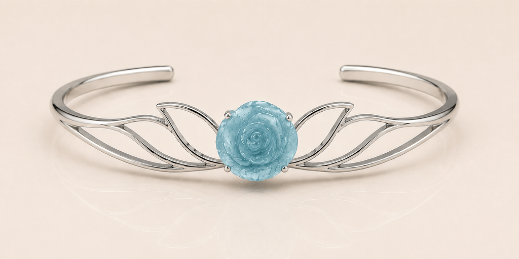Natural Hand-Carved Aquamarine Flower Bangle in Sterling Silver - AME Jewellery