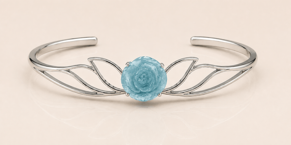 Natural Hand-Carved Aquamarine Flower Bangle in Sterling Silver - AME Jewellery