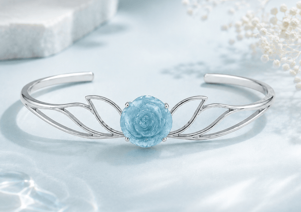 Natural Hand-Carved Aquamarine Flower Bangle in Sterling Silver by AME Jewellery.