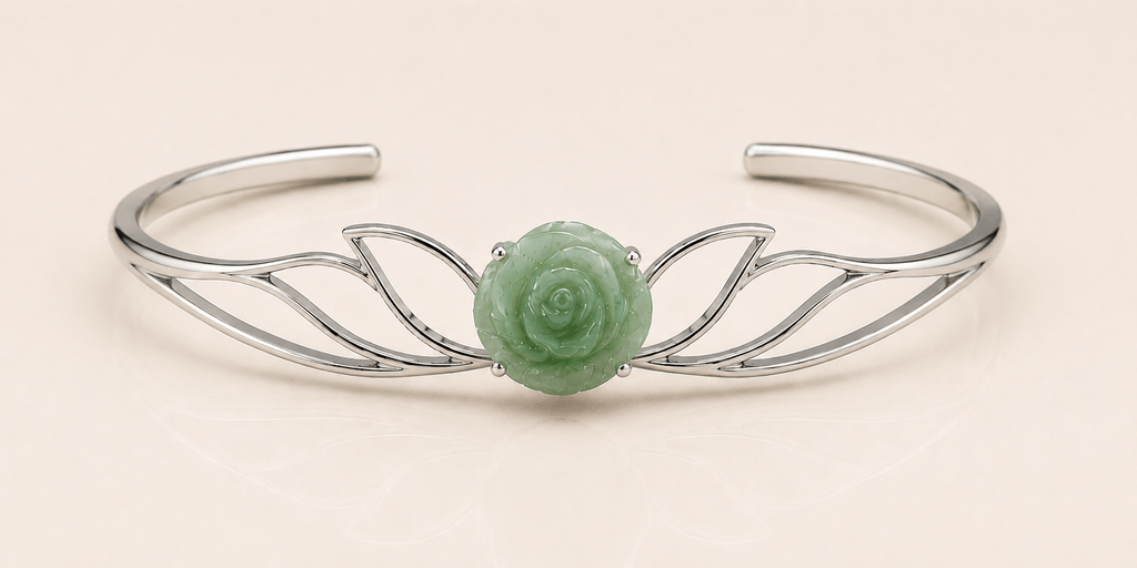 Natural Hand-Carved Jadeite Jade Rose Flower Bangle in Sterling Silver by AME Jewellery