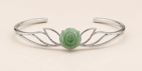 Natural Hand-Carved Jadeite Jade Rose Flower Bangle in Sterling Silver by AME Jewellery