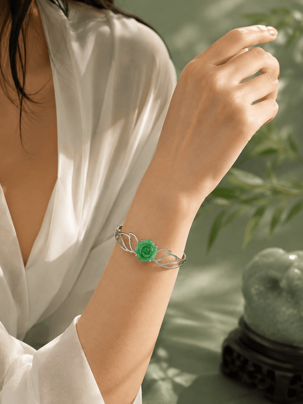 Natural Hand-Carved Jadeite Jade Rose Flower Bangle in Sterling Silver by AME Jewellery