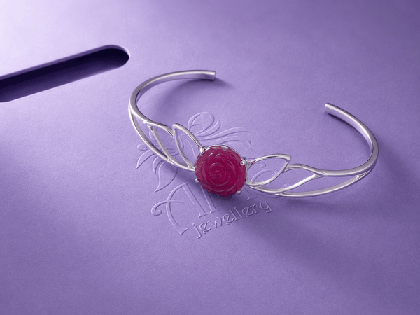 Natural Hand-Carved Ruby Rose Flower Bangle in Sterling Silver by AME Jewellery
