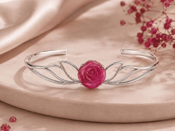 Natural Hand-Carved Ruby Rose Flower Bangle in Sterling Silver by AME Jewellery