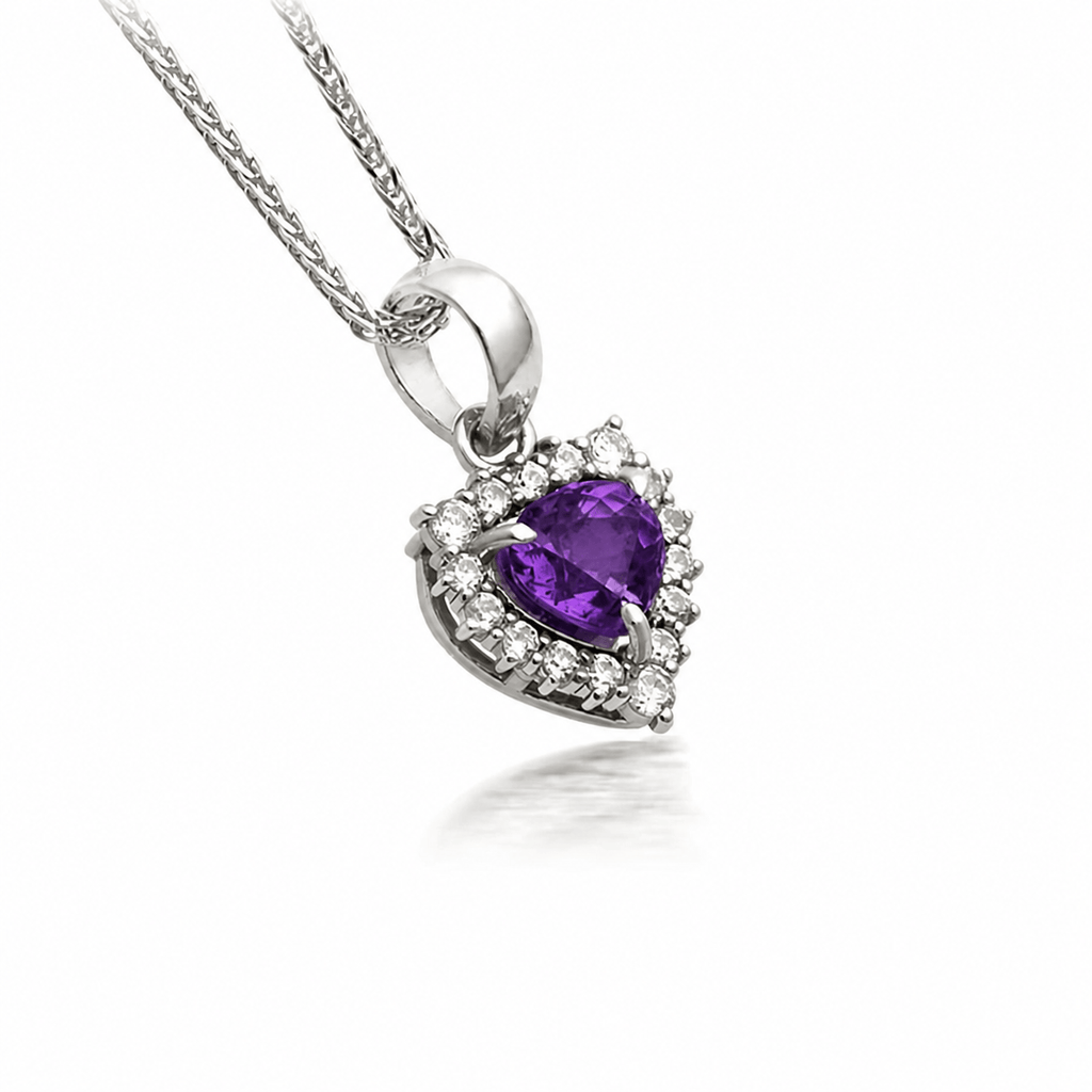 Natural Heart-cut Amethyst Halo Pendant in Sterling Silver - AME Jewellery
