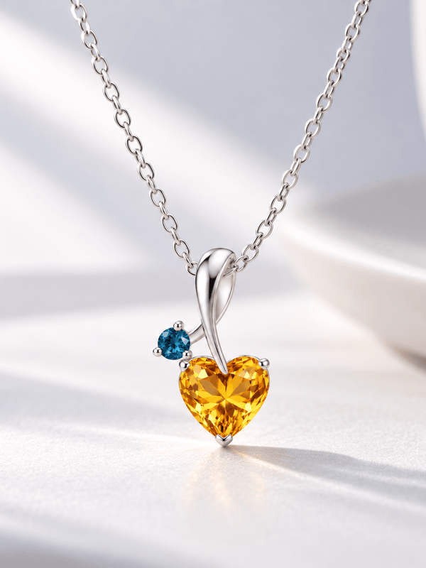 Sterling Silver Pendant Necklace with Natural Heart-cut Citrine & Blue Topaz - AME Jewellery