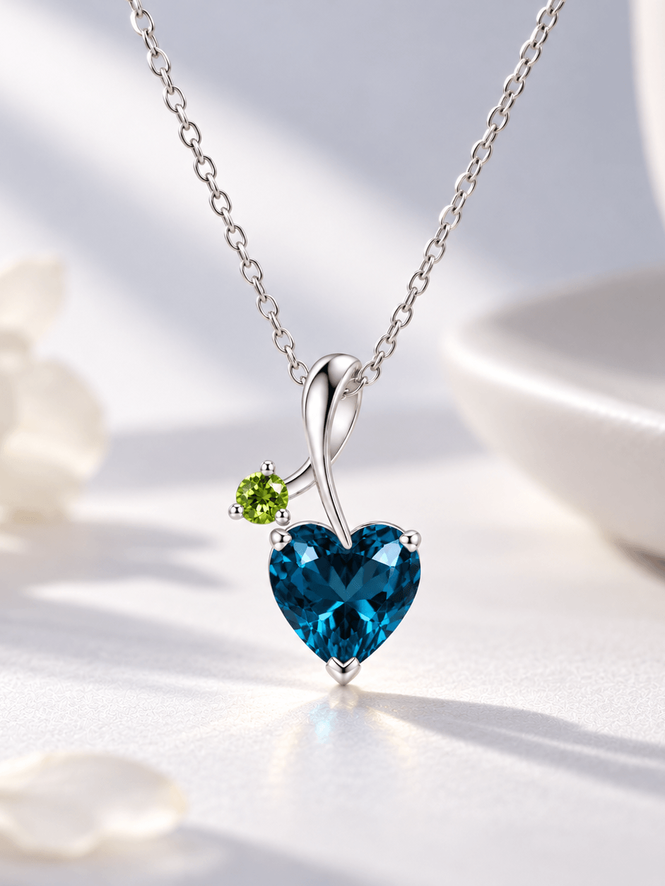 Sterling Silver Pendant with Natural Heart-cut London Blue Topaz & Peridot - AME Jewellery