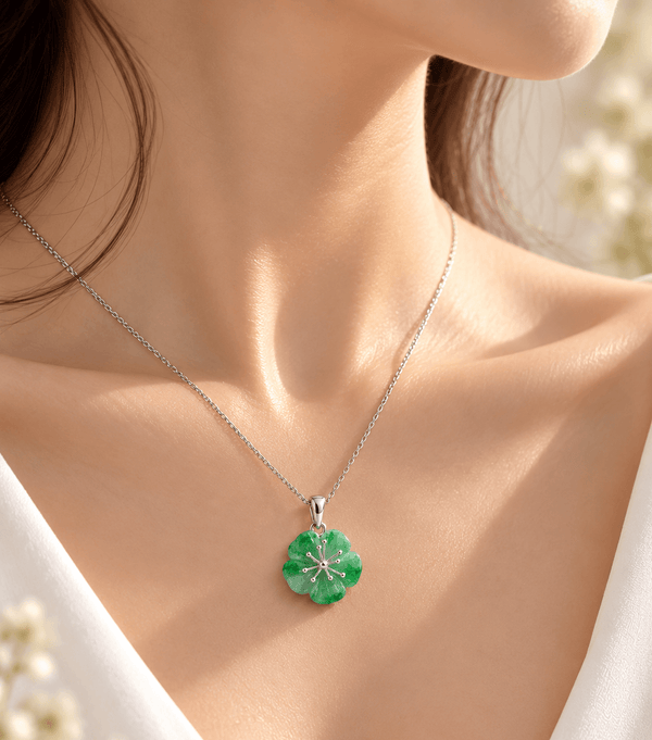 Natural Jadeite Jade (翡翠 Fěicuì) Apricot Blossom Pendant in sterling silver by AME Jewellery.