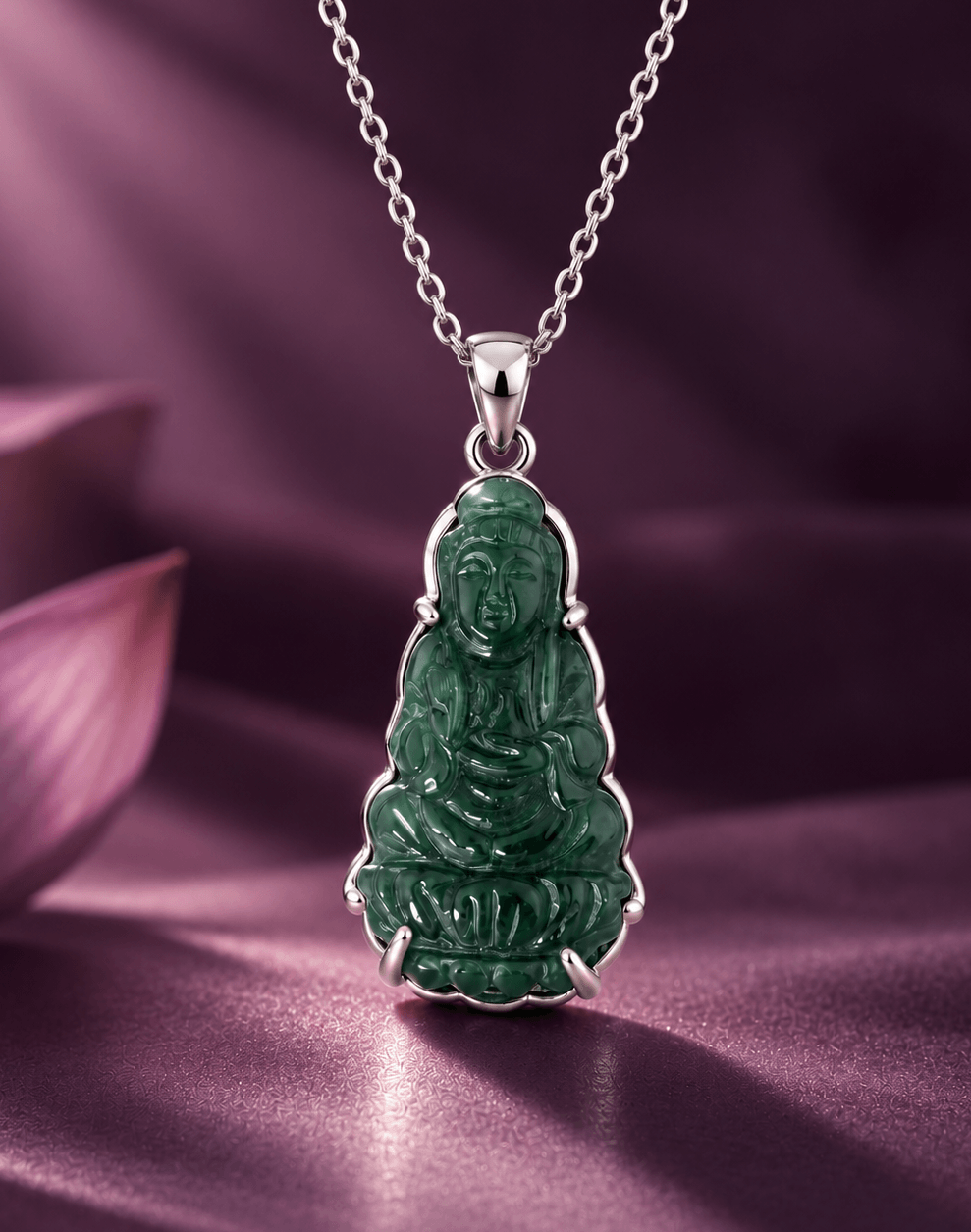 Natural Jadeite (翡翠 Fěicuì) Guanyin Buddha Pendant Necklace in sterling silver - AME Jewellery.