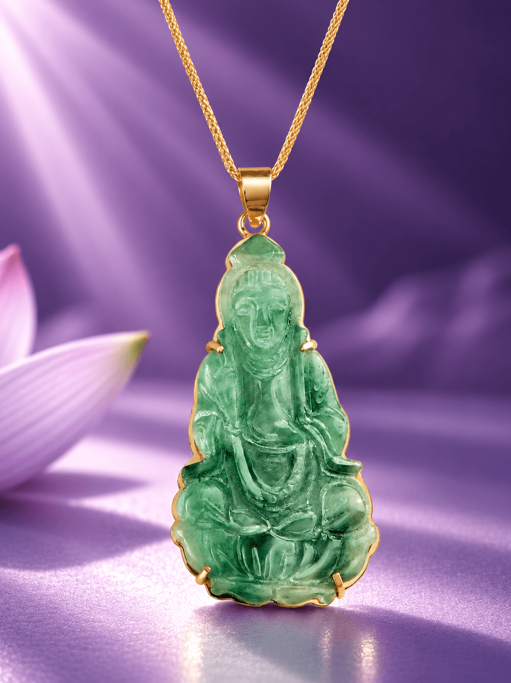 Natural Jadeite (翡翠 Fěicuì) Guanyin Buddha Pendant Necklace in 14K Yellow Gold - AME Jewellery.