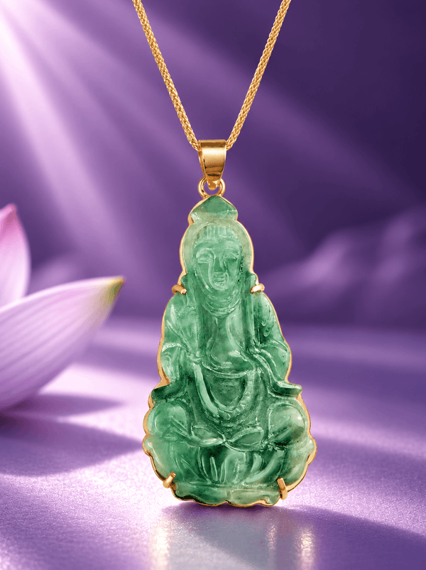 Natural Jadeite (翡翠 Fěicuì) Guanyin Buddha Pendant Necklace in 14K Yellow Gold - AME Jewellery.