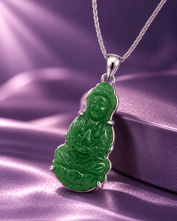 Natural Jadeite (翡翠 Fěicuì) Guanyin Buddha Pendant Necklace in sterling silver by AME Jewellery.