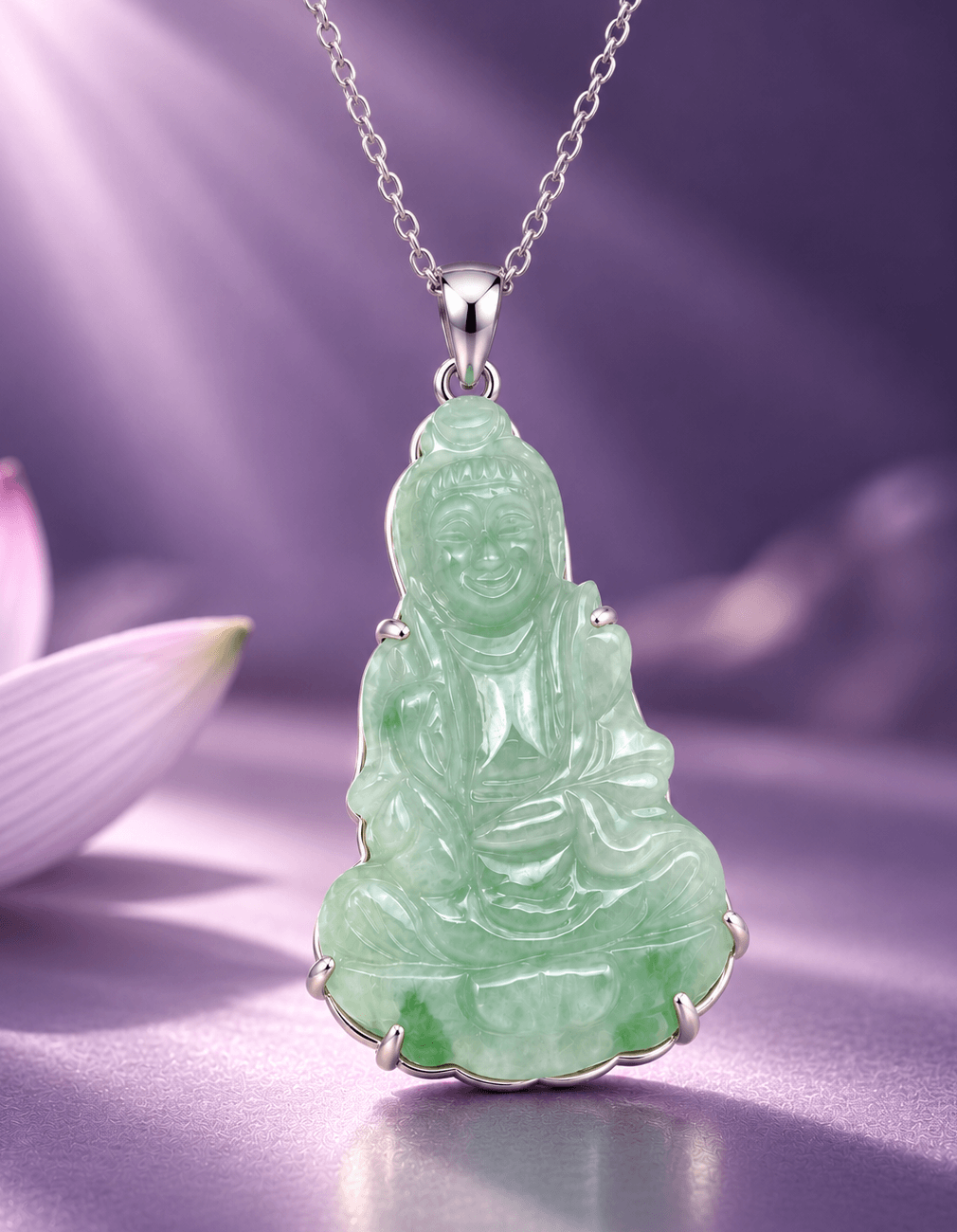 Natural Jadeite (翡翠 Fěicuì) Guanyin Buddha Pendant Necklace in sterling silver - AME Jewellery. 