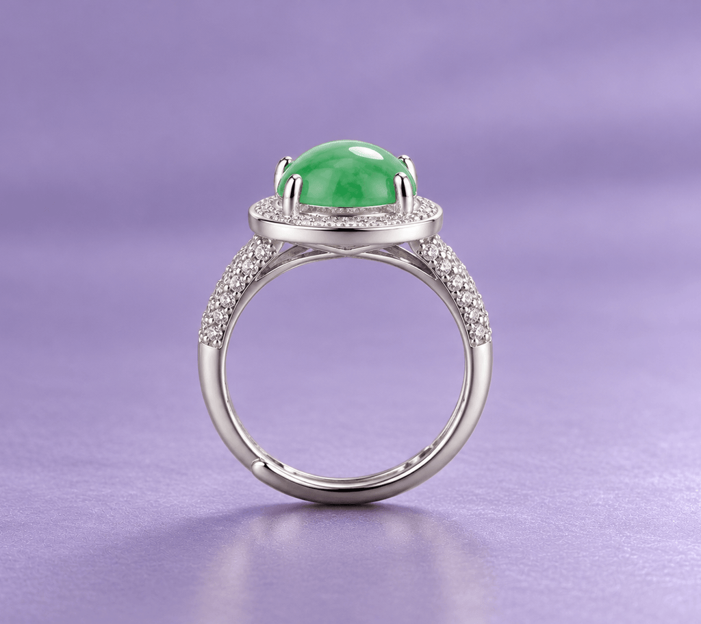 Natural half-round cabochon Jadeite halo adjustable (翡翠 Fěicuì) ring in sterling silver by AME Jewellery. 