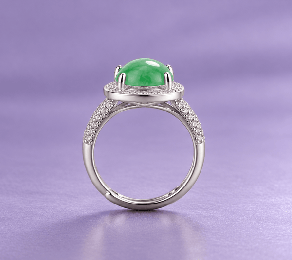 Natural half-round cabochon Jadeite halo adjustable (翡翠 Fěicuì) ring in sterling silver by AME Jewellery. 