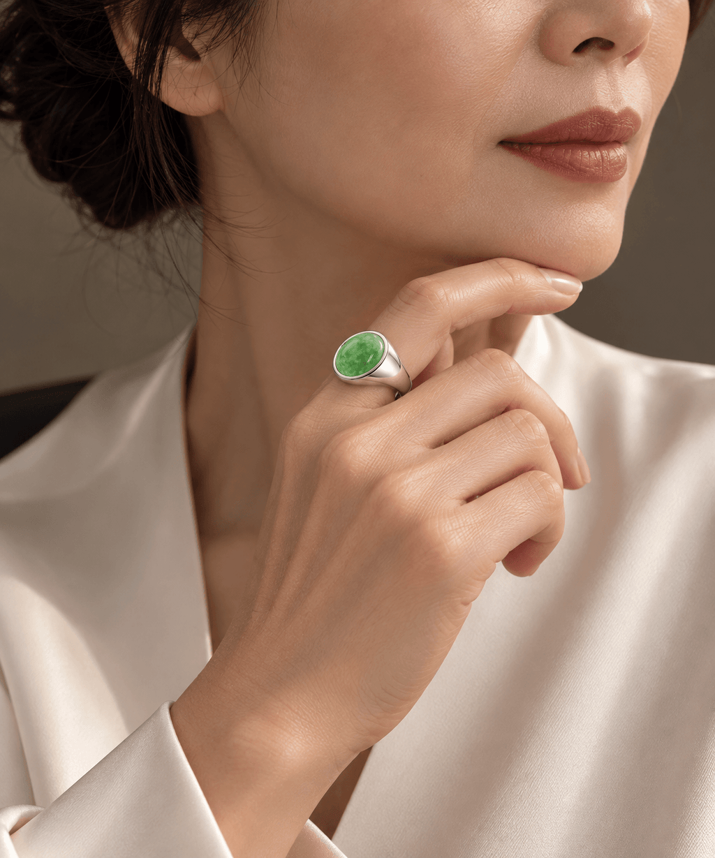 Natural Oval cabochon Jadeite Signet Ring in Sterling Silver for women - AME Jewellery