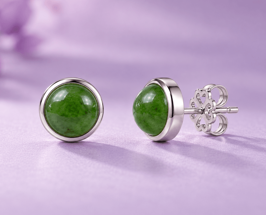 Natural Nephrite Jade Half-Round Stud Earrings in Sterling Silver by AME Jewellery. 