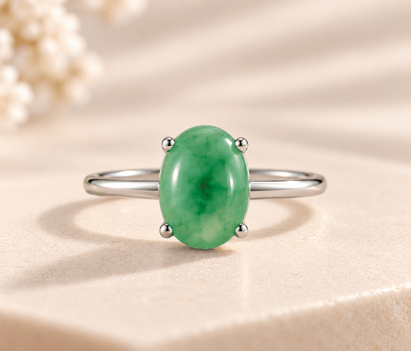 10 x 8 mm natural oval cabochon Jadeite Jade (翡翠 Fěicuì) Ring in sterling silver by AME Jewellery. 