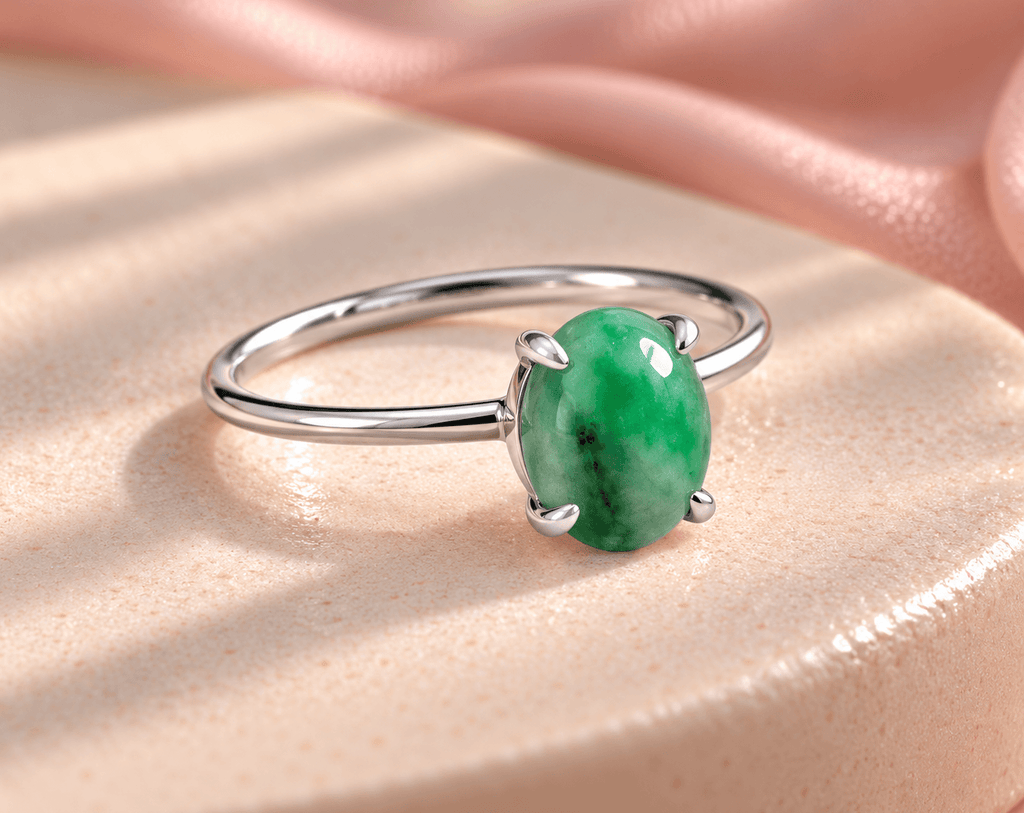 Natural oval cabochon Jadeite (翡翠 Fěicuì) Ring in sterling silver by AME Jewellery
