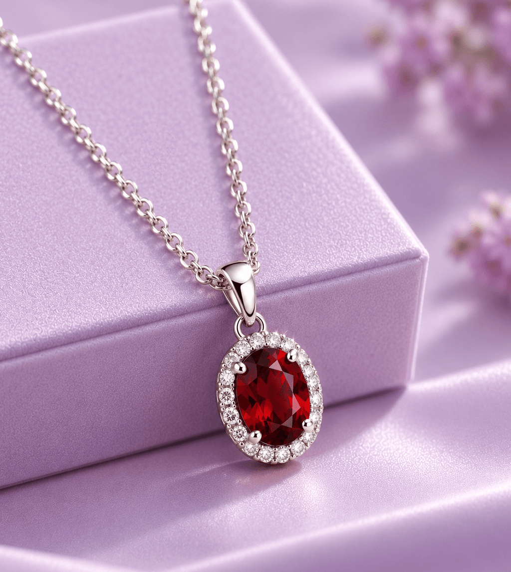 Natural oval Red Garnet Halo Pendant Necklace in Sterling Silver by AME Jewellery.