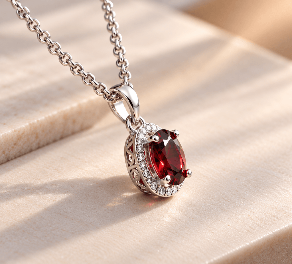 Natural oval Red Garnet Halo Pendant Necklace in Sterling Silver by AME Jewellery.