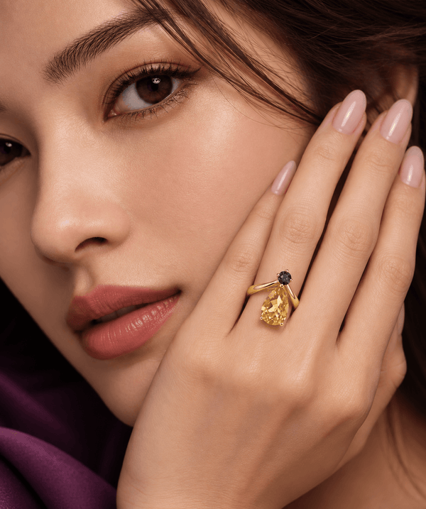 Natural Pear-cut Citrine & Blue Topaz Ring in 14K Rose Gold by AME 