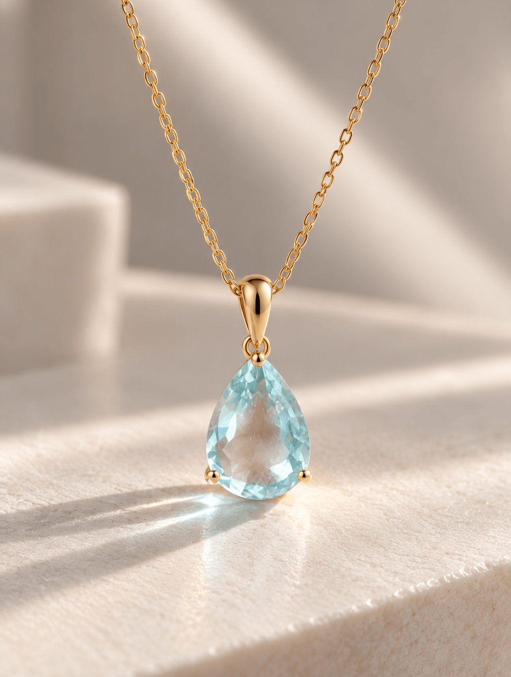 3.95-carat natural pear-cut Aquamarine pendant in 14K yellow gold by AME Jewellery. 