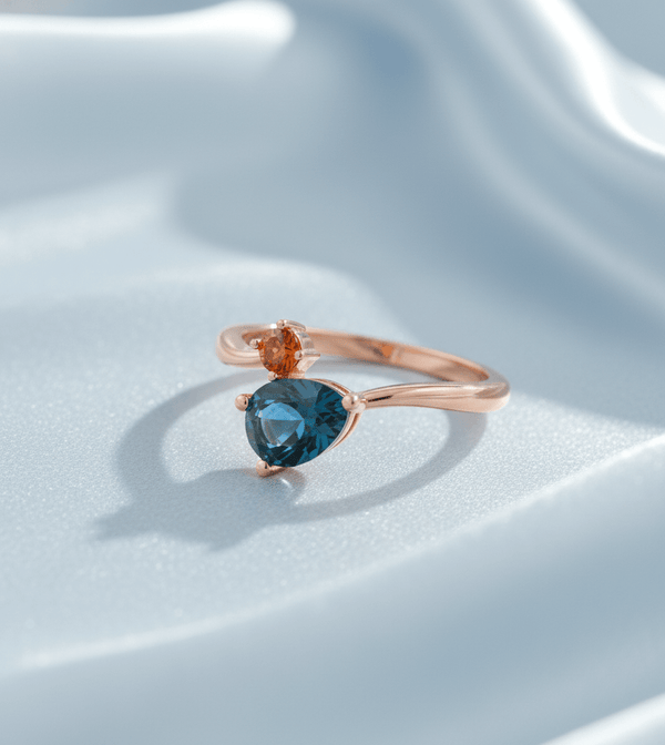 Nhẫn Vàng hồng Đá quý tự nhiên Natural Pear-cut London Blue Topaz & Orange Sapphire Ring in 14K Rose Gold by AME Jewellery