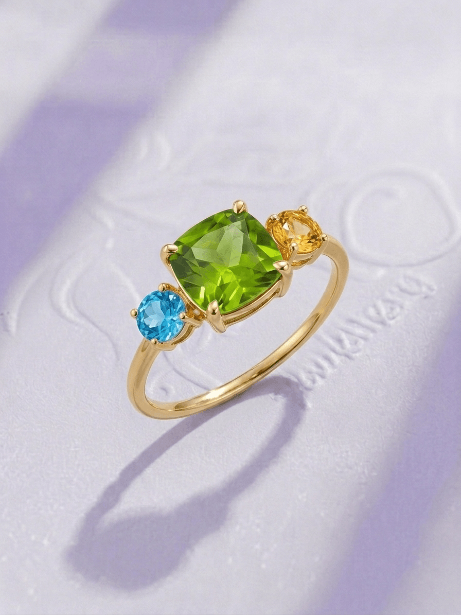 Natural Peridot, Blue Topaz, and Citrine Ring in 14K Yellow Gold by AME Jewellery