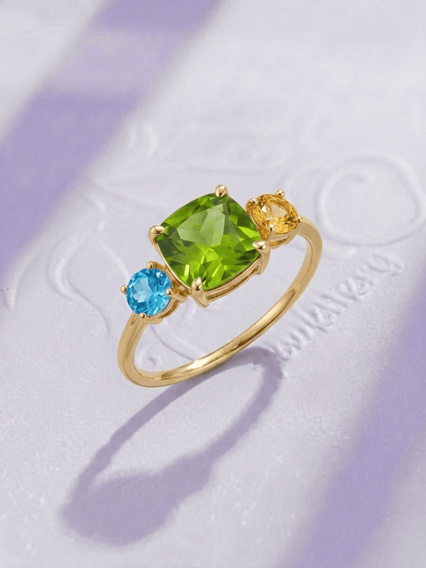 Natural Peridot, Blue Topaz, and Citrine Ring in 14K Yellow Gold by AME Jewellery
