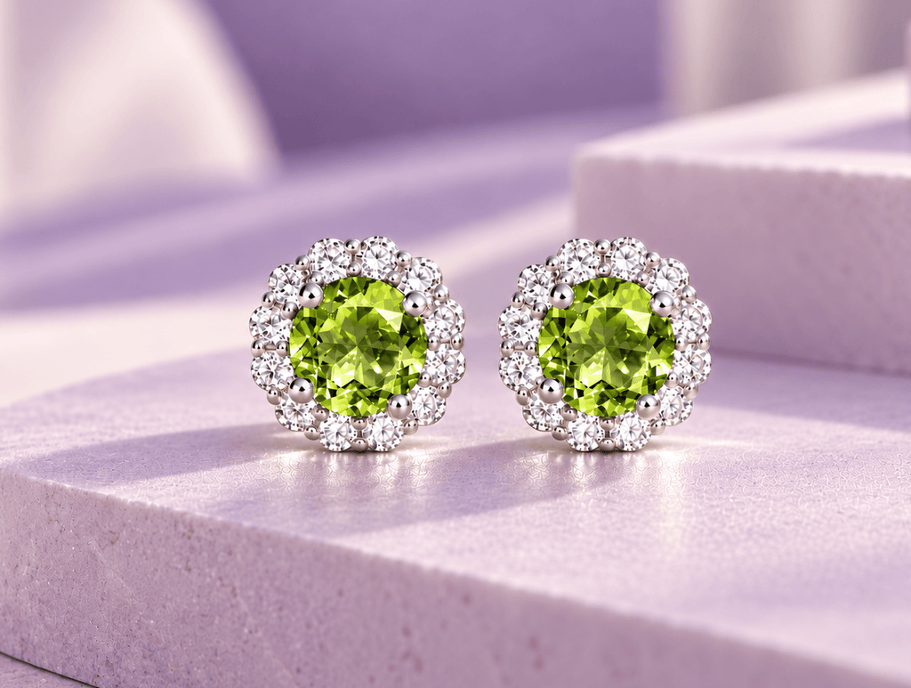 Natural Peridot Halo Earrings in Sterling Silver - AME Jewellery