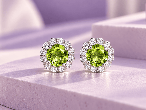 Natural Peridot Halo Earrings in Sterling Silver - AME Jewellery