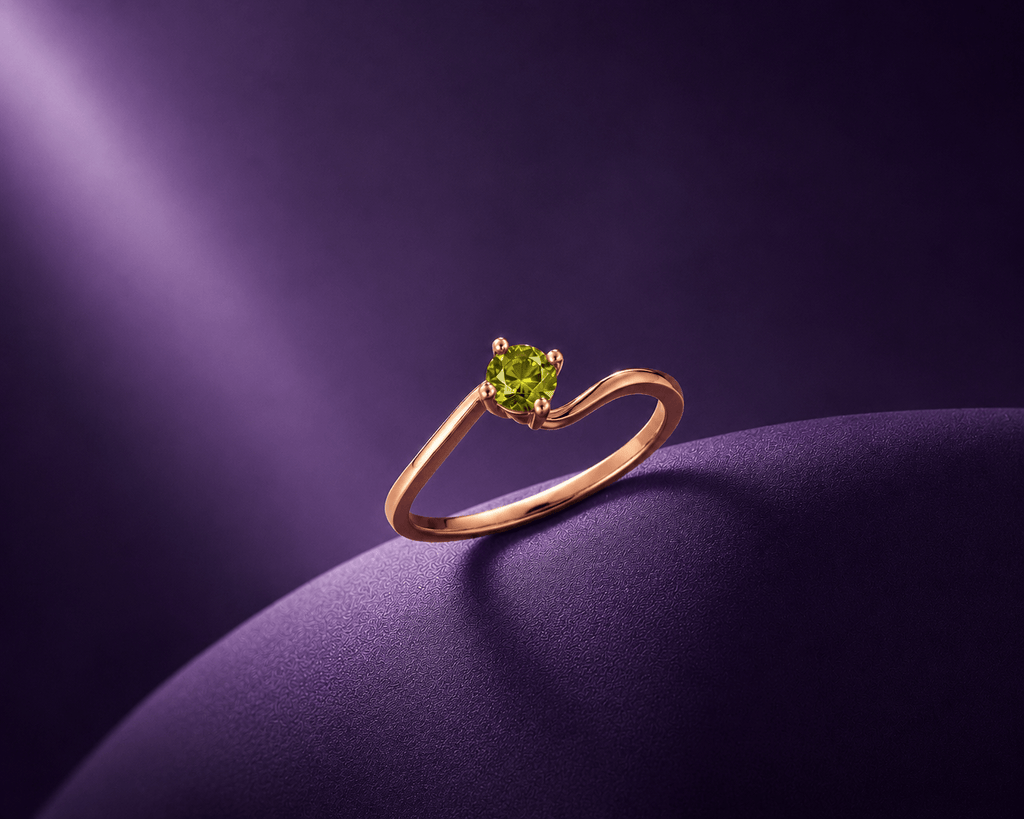 Natural Peridot Solitaire Twist Ring in 14K Rose Gold by AME Jewellery