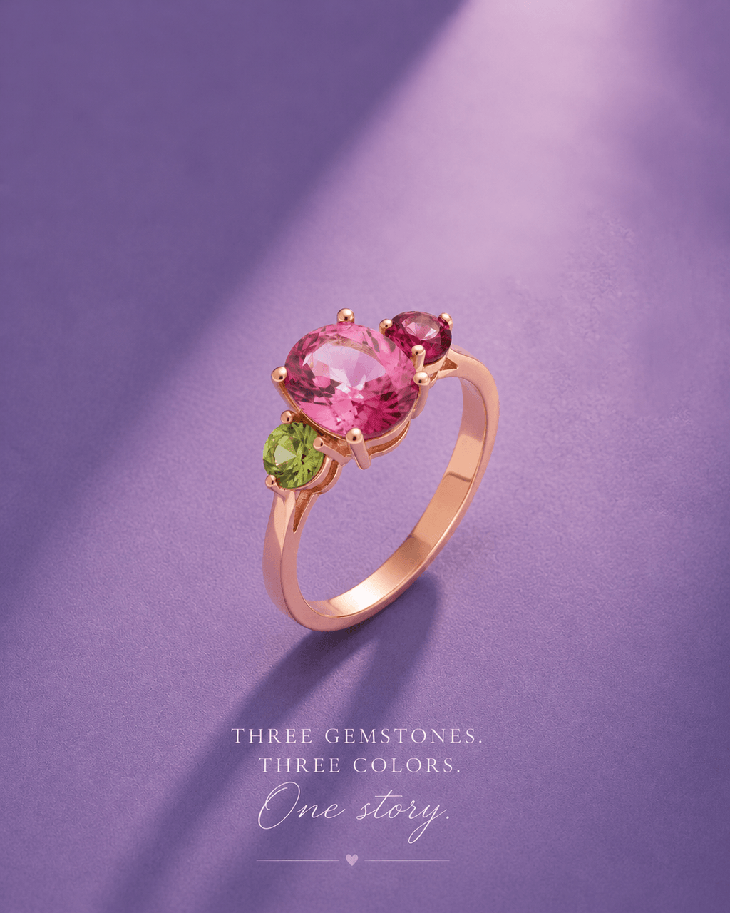 Natural oval Pink Topaz, round Ruby & Peridot Ring in 14K Rose Gold by AME Jewellery