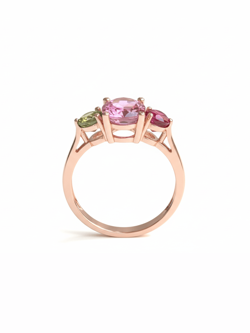 Natural oval Pink Topaz, round Ruby & Peridot Ring in 14K Rose Gold by AME Jewellery
