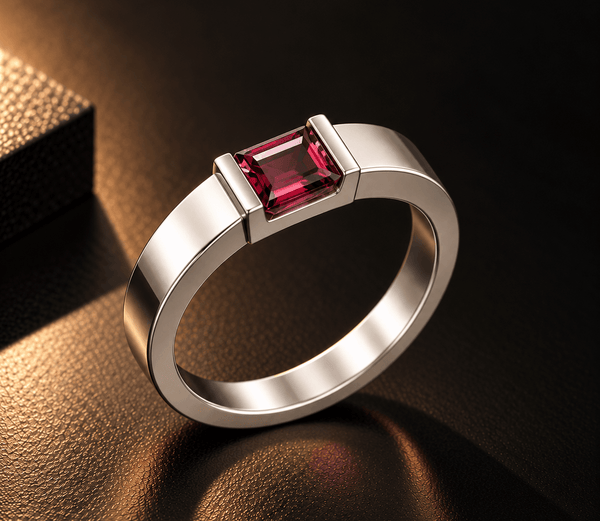Natural Rectangular-cut Rhodolite Garnet Men's Ring in Sterling Silver - AME Jewellery