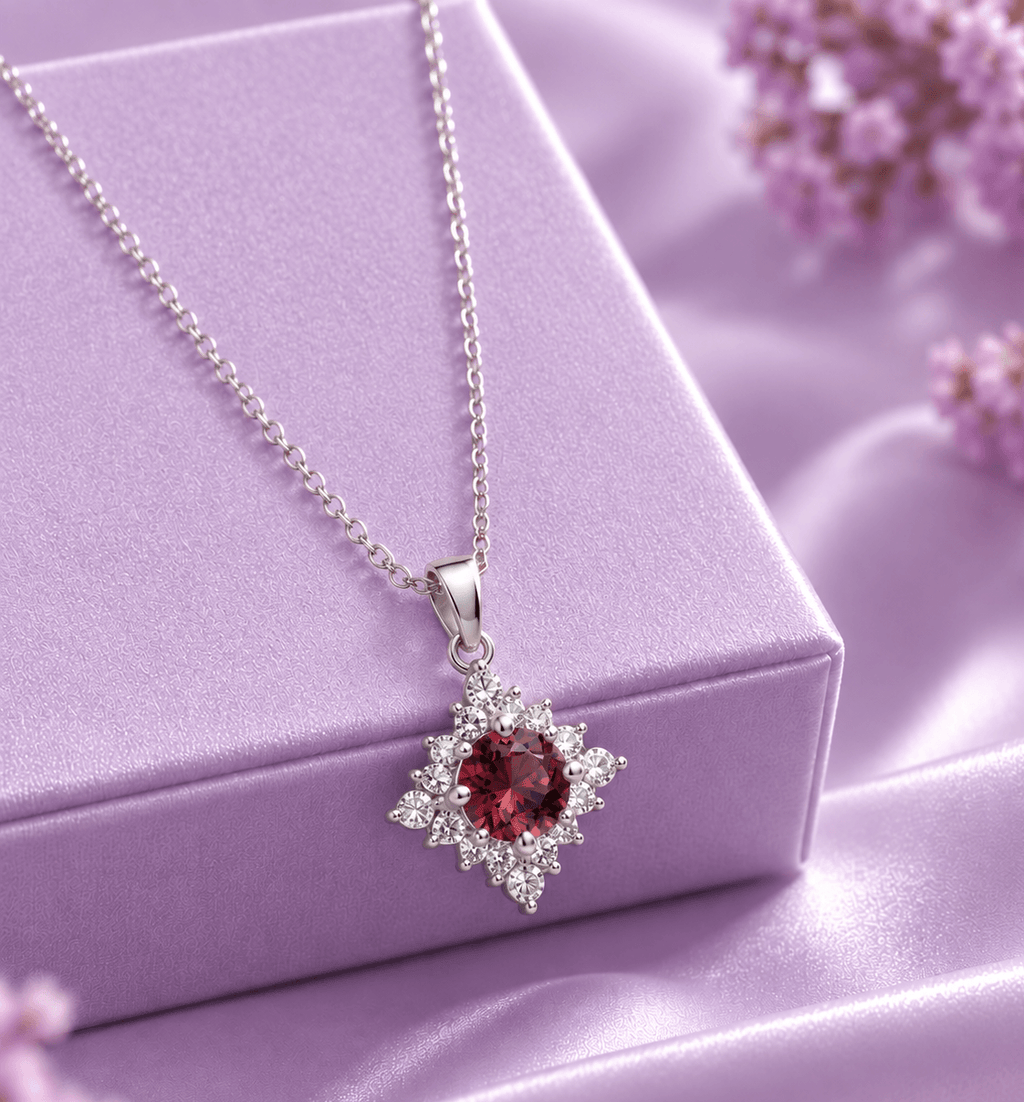 5mm Natural Red Garnet halo Pendant in Sterling Silver - AME Jewellery