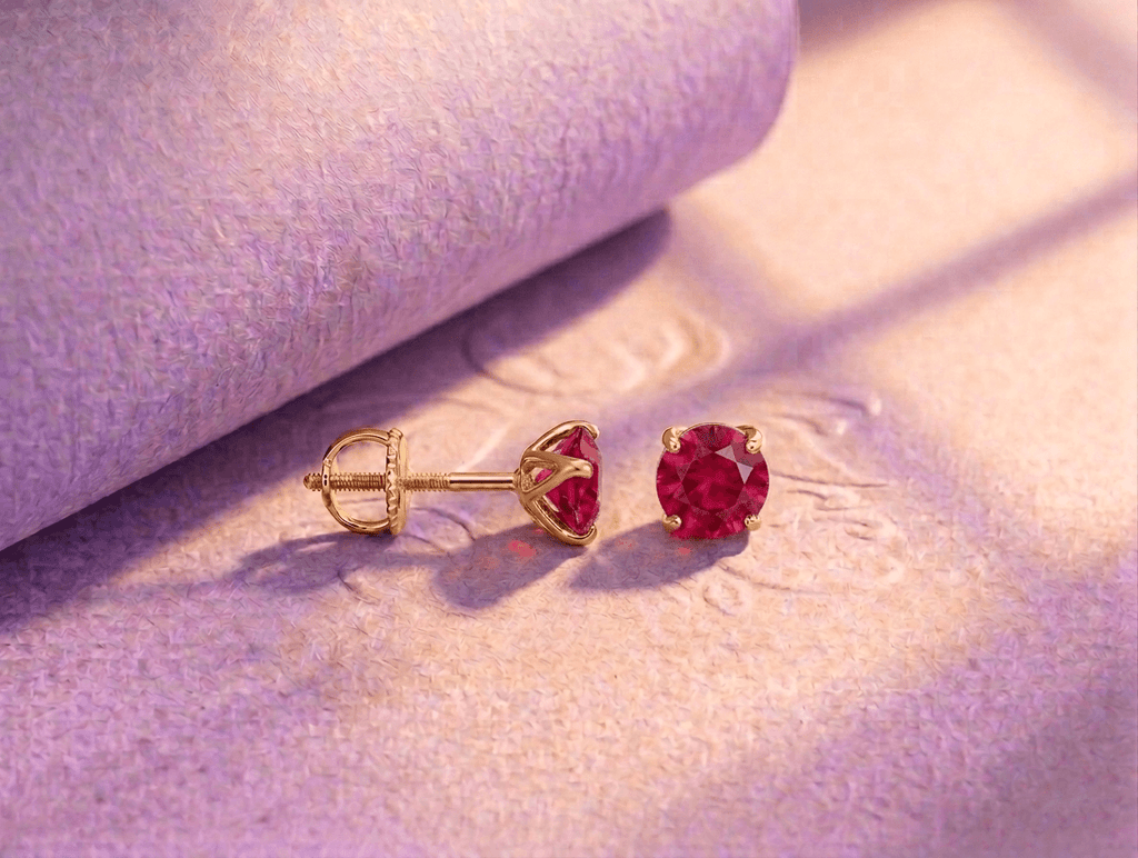 Natural Ruby 4-Prong Stud Earrings in 14K Yellow Gold - AME Jewellery