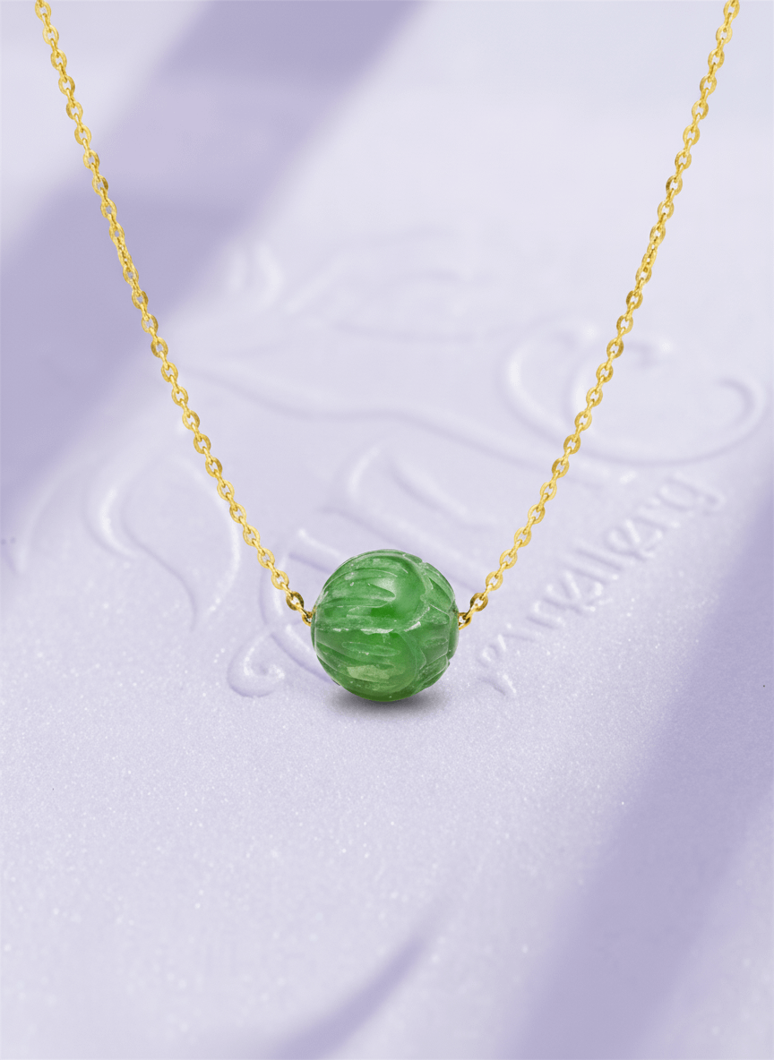 Dây chuyền Vàng Cẩm thạch thiên nhiên Natural Nephrite Jade Carved Bead Gold Chain Necklace by AME Jewellery