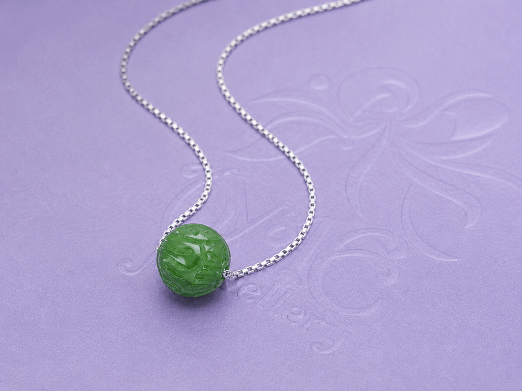 Natural Nephrite Jade Carved Bead Chain Necklace in Sterling Silver - AME Jewellery