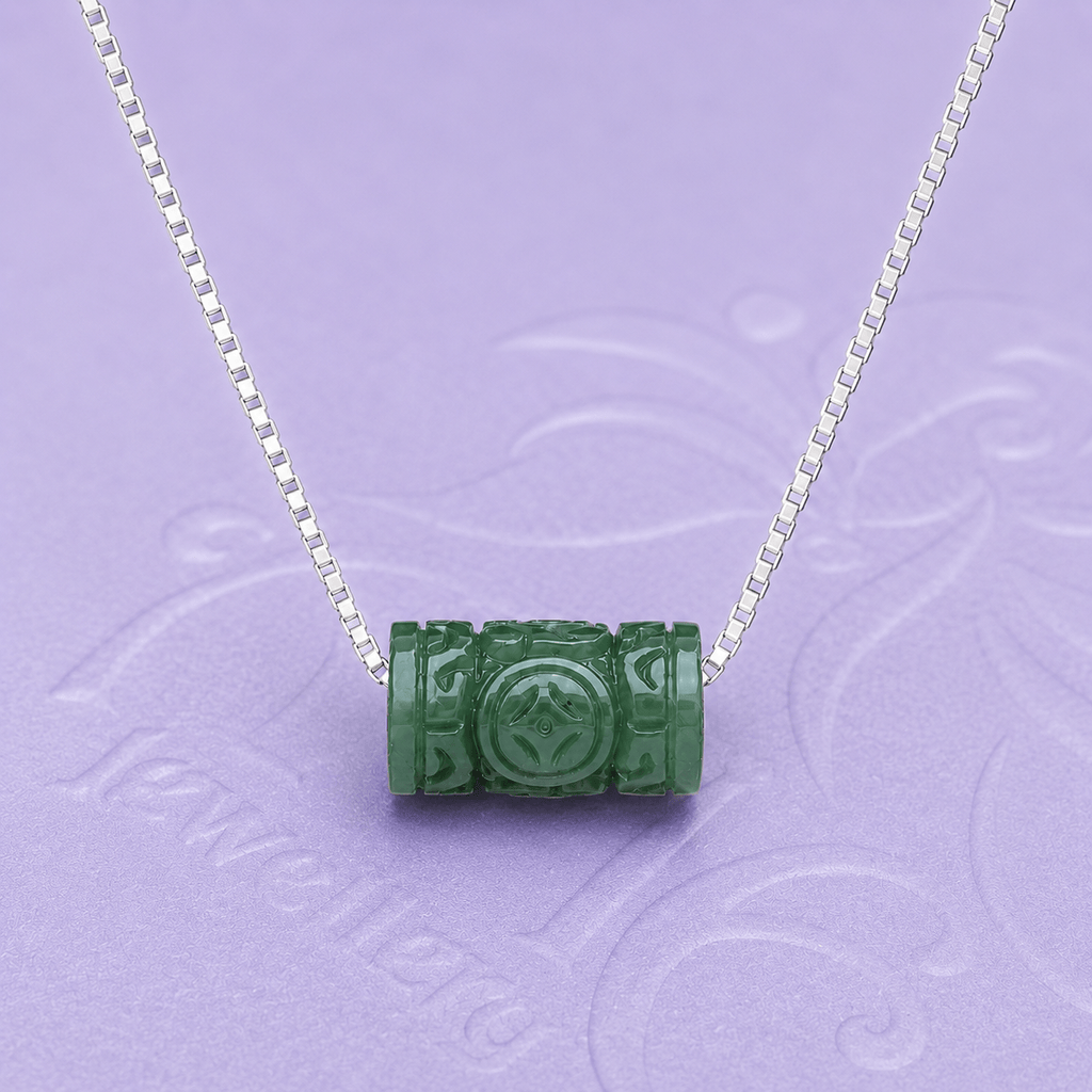 Natural Carved Nephrite Lu Lu Tong Chain Necklace in Sterling Silver - AME Jewellery