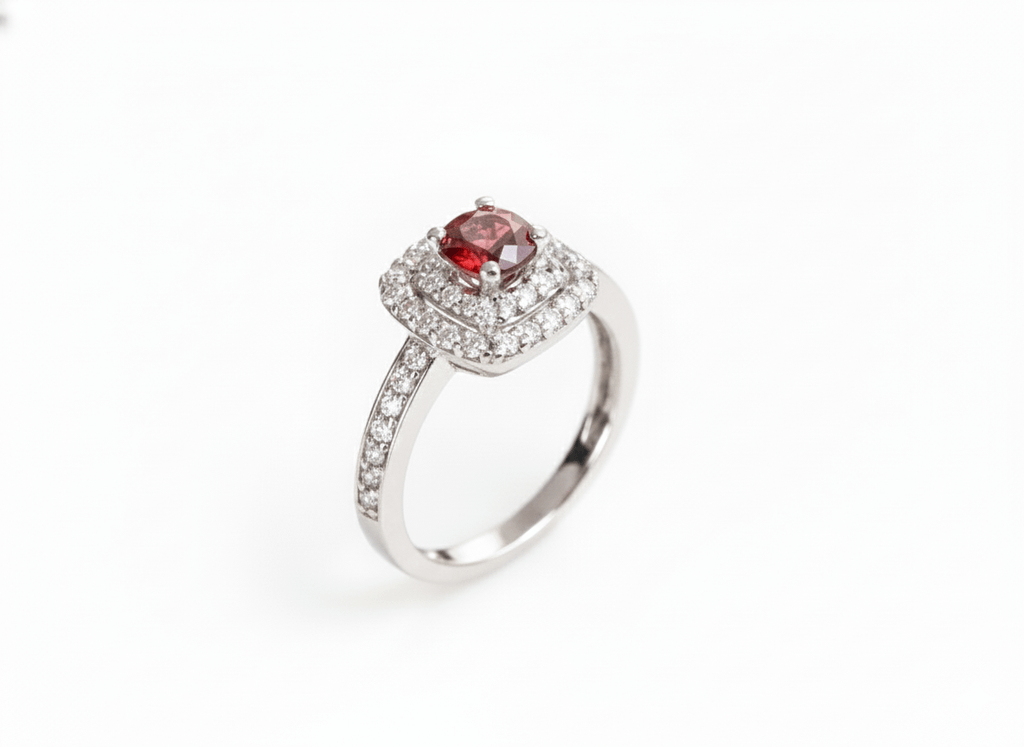 Natural Red Garnet double-square halo Ring in Sterling Silver by AME Jewellery.