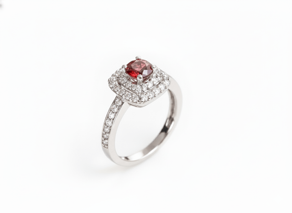 Natural Red Garnet double-square halo Ring in Sterling Silver by AME Jewellery.
