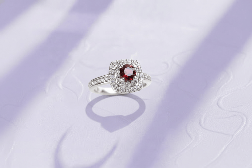 Natural Red Garnet double-square halo Ring in Sterling Silver by AME Jewellery.