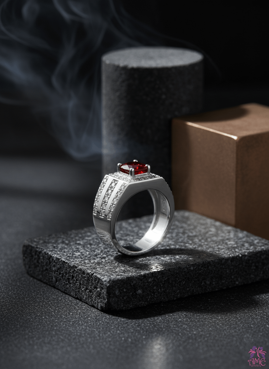 Natural Red Garnet Men's Ring in Sterling Silver
