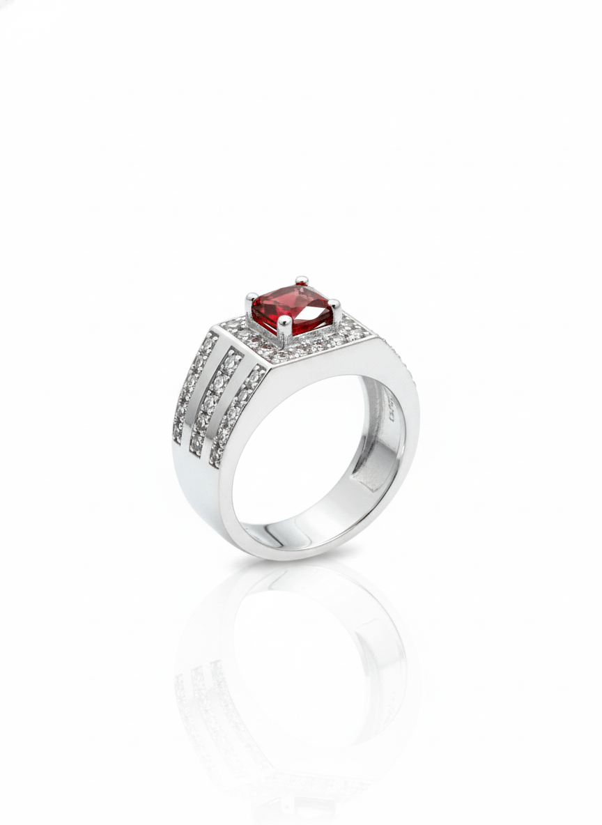 Natural Red Garnet Men's Ring in Sterling Silver