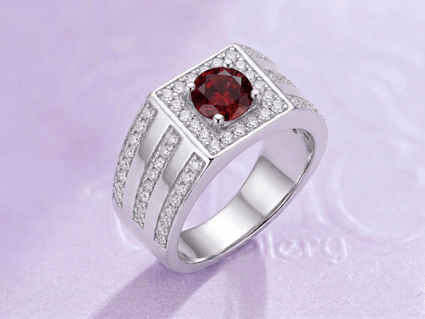 Natural Red Garnet Men's Ring in Sterling Silver