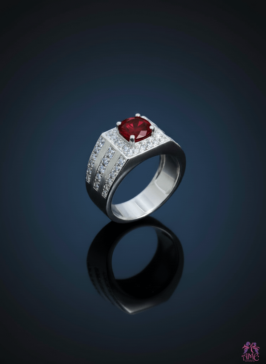 Natural Red Garnet Men's Ring in Sterling Silver